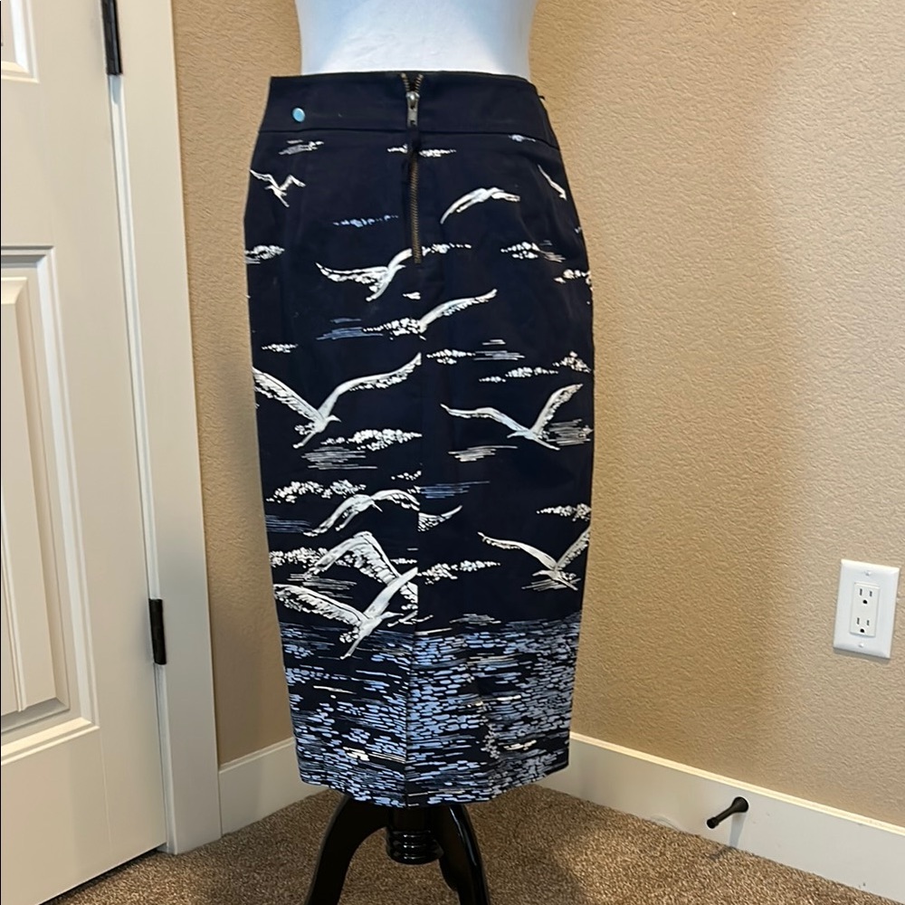 Anthropologie *rare and unique* Navy Blue Bird Print Women's Skirt - Picture 4 of 5
